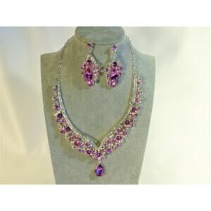 lavender purple rhinestone necklace set, weddings MOB prom party formal necklace
